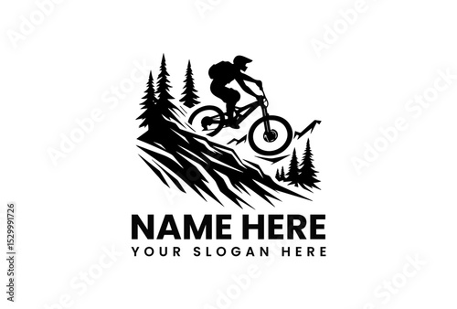 Black vector silhouette of mountain biker performing dangerous jump over rocky terrain with coniferous trees