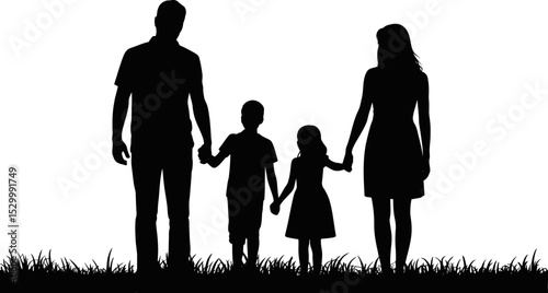 Silhouette of a family standing in grass holding hands on white background
