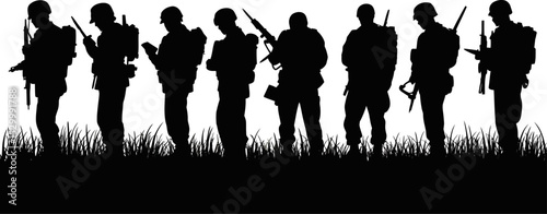 Silhouette of soldiers standing in a row with weapons and communication gear