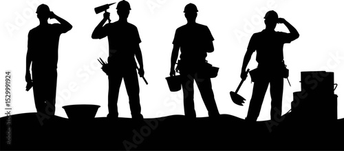 Silhouette of four construction workers with tools on a white background