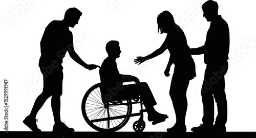 Silhouette of people assisting man in wheelchair against white background