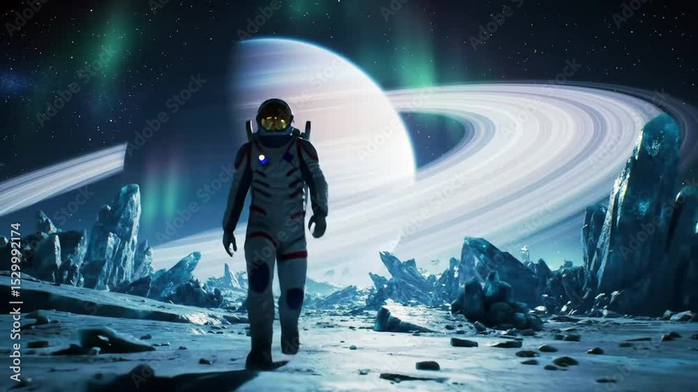 alien landscape with jagged crystalline formations, a ringed gas giant in the sky above, auroras dancing in the atmosphere, extreme cold environment futuristic space frontier