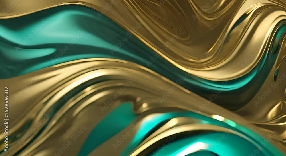 Liquid Gold Abstract Teal and gold metallic waves flow seamlessly creating a luxurious and abstract background Perfect for designs needing a touch of elegance and sophistication 4K