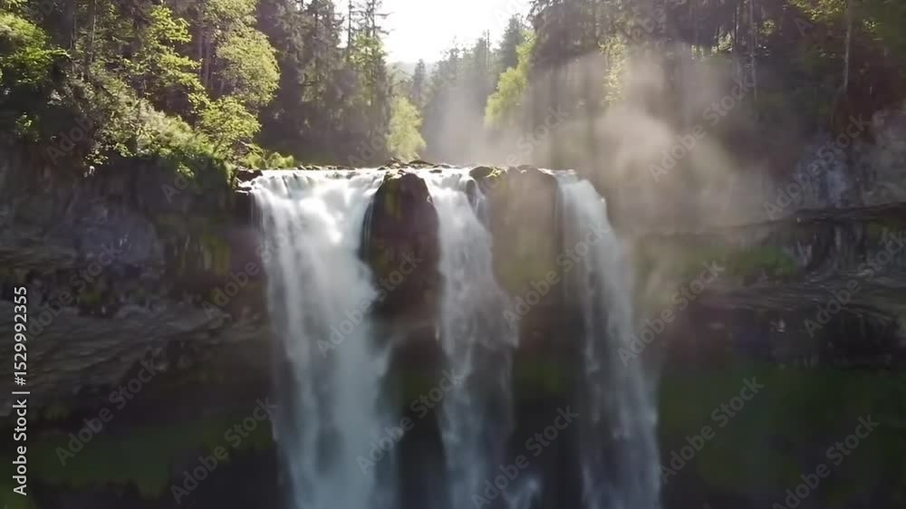 Cinematic aerial shot of a powerful waterfall cascading down rocky cliffs surrounded by dense fores