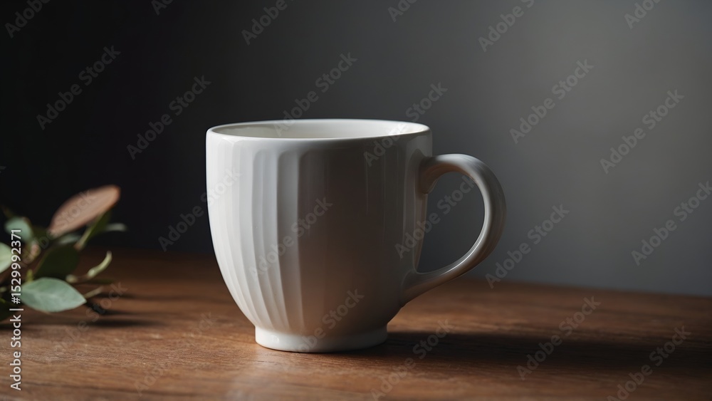 Obraz premium “White Ceramic Cup on Wooden Table with Natural Light”