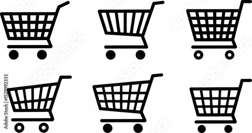 Six shopping cart icons in black outline on a white background display