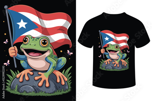 Cute Coquí Frog Holding Puerto Rico Flag T-Shirt Design 