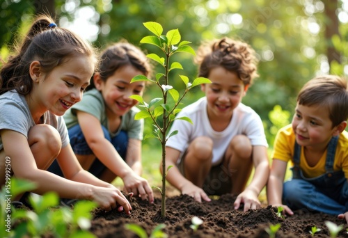Children planting a young tree outdoors, promoting environmental awareness and teamwork