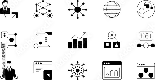 Various business and technology icons arranged in a grid formation view