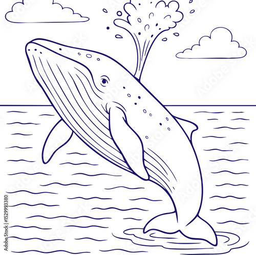 Whale jumping from ocean with water spray in line art style