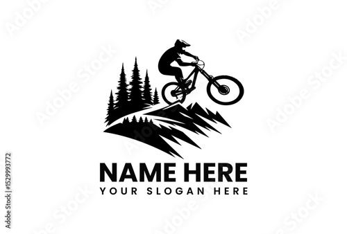 Dynamic black silhouette vector logo of a mountain biker performing a jump over rugged terrain with pine trees. Extreme sports concept