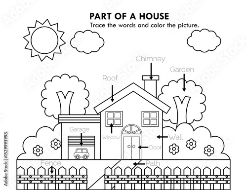 Learning vocabulary parts of the house.Trace and color.Coloring book.Activities for kids, preschool and kindergarten.Worksheet english words for school, teacher and student.Vector illustration.