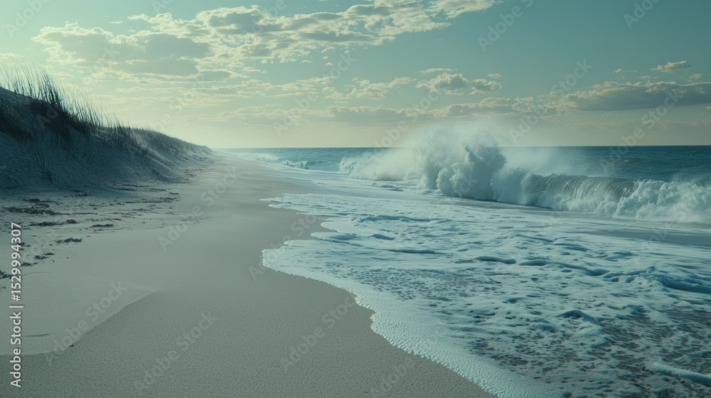 Naklejka premium Waves crash on sand, grassy dunes on the left