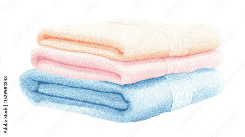Illustration of a stack of three folded towels in pastel colors on white Illustration of a stack of three folded towels in pastel colors on white
