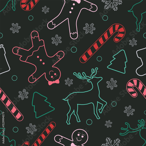 Christmas Outline Seamless Pattern. Christmas and New year Holiday Repeatable Pattern. Decorative Elements Texture for Wallpaper, Gift Wrapping paper, Card or Banner Template or Fabric Textile Prints.