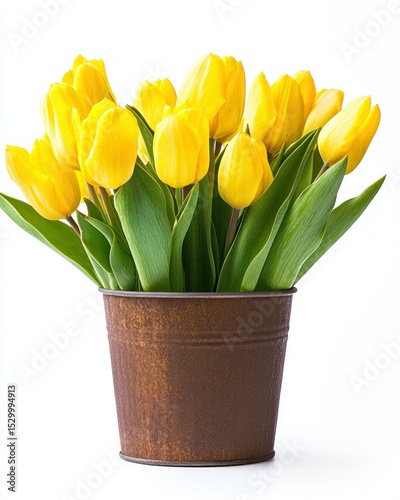 Wallpaper Mural Bouquet of yellow tulips in a brown metal pot against a white background Torontodigital.ca