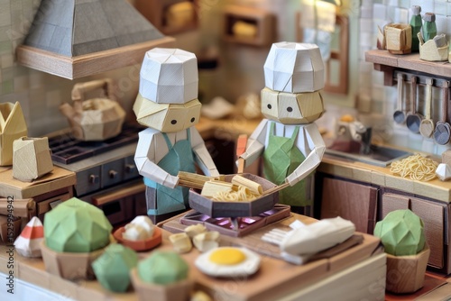 Two miniature paper chefs prepare a meal in a meticulously crafted paper kitchen.