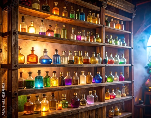 Wallpaper Mural Shelves hold colorful glass potion bottles, illuminated by light; magical ambiance. Torontodigital.ca