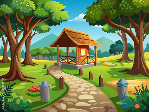 vector of Pavement in the park leads to the wooden hut which is a beautiful residence for recreation.