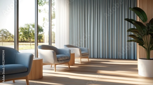 Modern waiting area with large windows. Sunlight streams into a minimalist interior, featuring light blue seating, light beige walls, and wooden accents photo