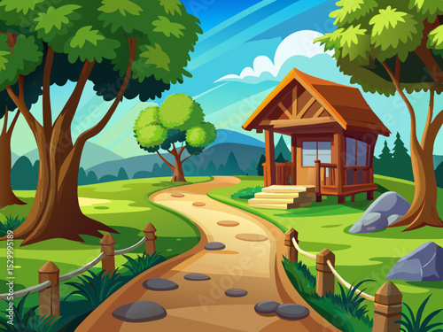 vector of Pavement in the park leads to the wooden hut which is a beautiful residence for recreation.