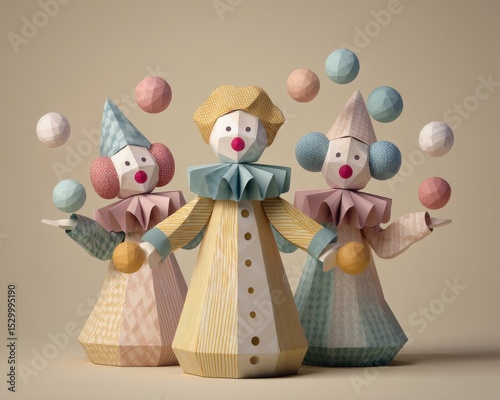 Three paper clowns juggling colorful balls.