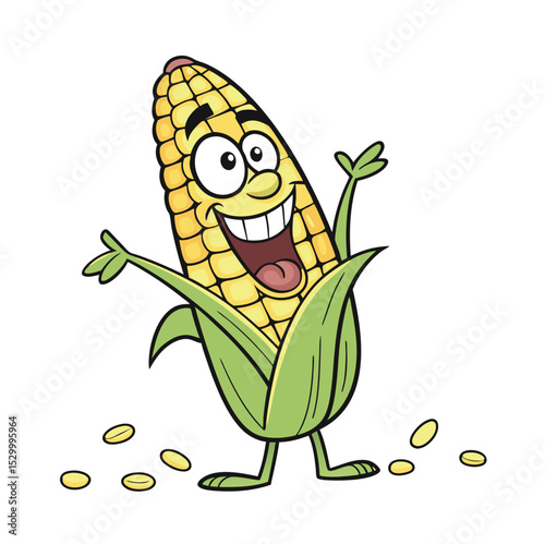 Joyful cartoon corn cob character with big eyes, open smile, and husk arms. Surrounded by scattered kernels, perfect for fun branding and kids? designs, POD, Tshirt design..eps