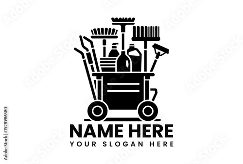 Comprehensive black vector logo of fully stocked janitorial cleaning cart with various professional tools