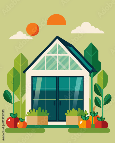 A greenhouse powered by renewable energy sources providing a yearround supply of fresh vegetables without relying on traditional farming ods.. Vector illustration