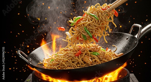 Close up of noodles with vegetables and chicken being cooked in a wok over an open flame