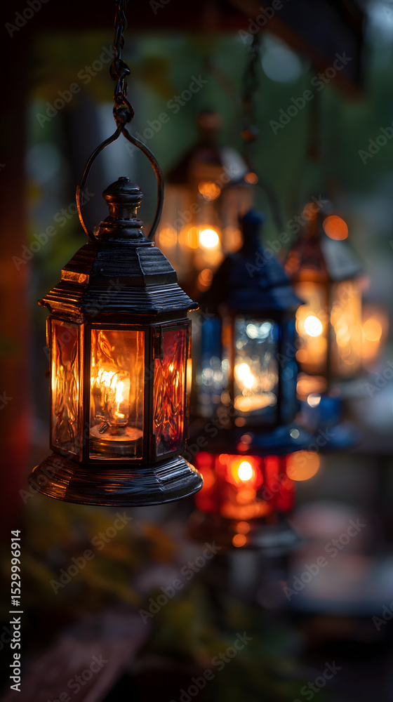 Obraz premium Hanging lanterns illuminate the twilight with a warm glow, creating a magical ambiance.