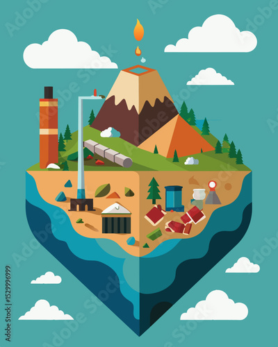 A crosssection of a landfill its layers telling a story of our societys constant need for newer and better products resulting in a mountain of waste.. Vector illustration