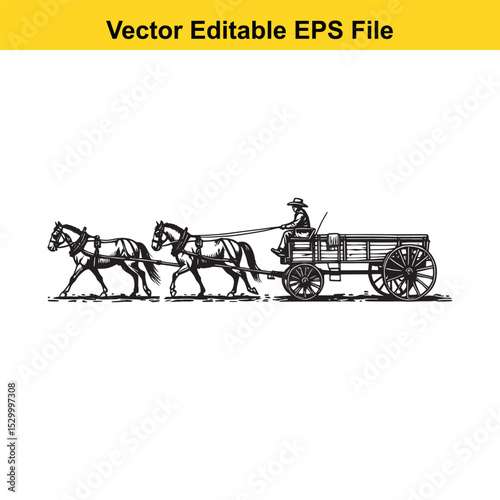 Two Horses Pulling an Old Wooden Wagon Across a Western Trail – Rustic Frontier Journey