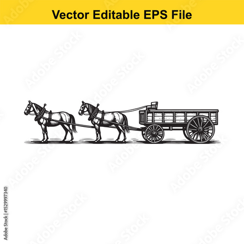 Two Horses Pulling an Old Wooden Wagon Across a Western Trail – Rustic Frontier Journey