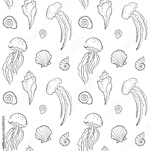 Seamless pattern with ink drawing of seashells and jellyfish. Oceanic life design for fabric, textile, packaging, or wrapping paper. Line vector illustrations isolated on white background. 