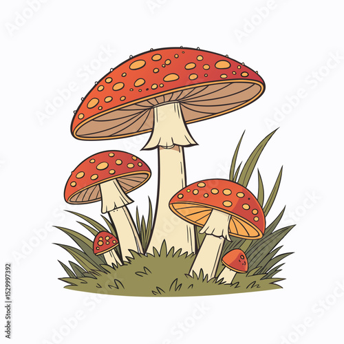 Whimsical forest mushroom vector with colorful red, orange, and brown toadstools. nature design, clean lines, fantasy-inspired fungi scene on pure white background. Perfect for prints. 