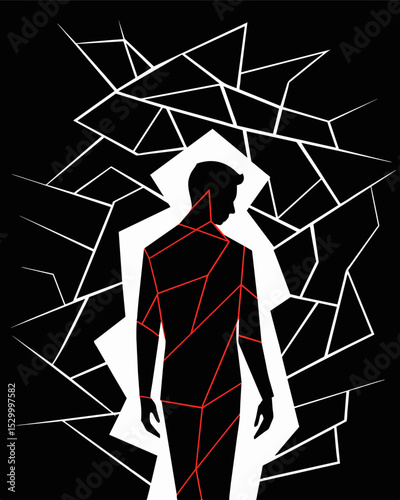 Once seamless and seamless the persons silhouette was now outlined by a maze of fractures evoking a sense of confusion and disarray.. Vector illustration