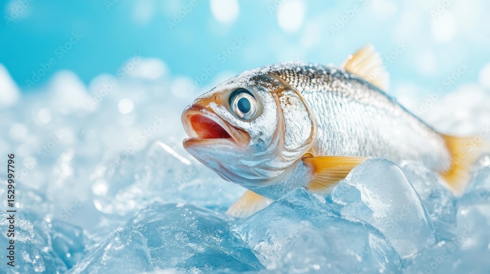 Fototapeta premium A vibrant fish resting on a bed of glistening ice, showcasing its freshness and quality. The clear blue background enhances the overall aesthetic appeal of the image.