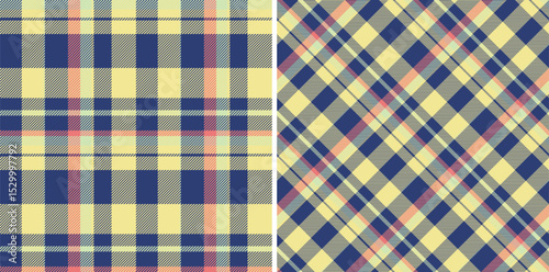 Two stylish plaid patterns in pastel yellow, navy, and coral. Perfect for textile design, website backgrounds, or crafting projects.  These versatile patterns evoke feelings of warmth and comfort.