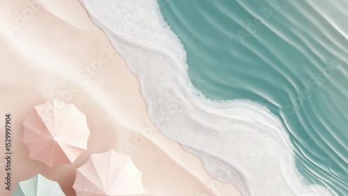Wallpaper Mural Peaceful beach scene with pastel umbrellas summer vacation. Calm ocean waves meet soft sand tranquil summer scene perfect for travel brochure. Idyllic beach landscape ideal for relaxation  Torontodigital.ca