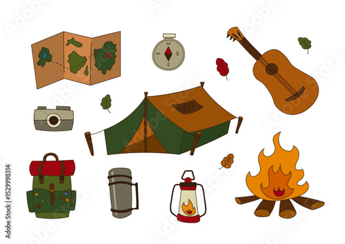 Camping stickers.  a collection of colorful summer themed stickers. Map, compass, guitar, camera, tent, backpack, thermos, lantern, campfire. For printing.