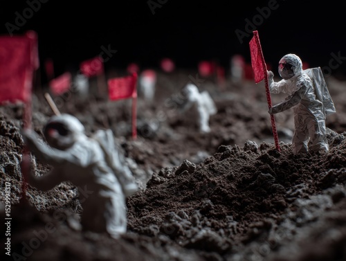 Miniature astronauts on a moon-like surface.