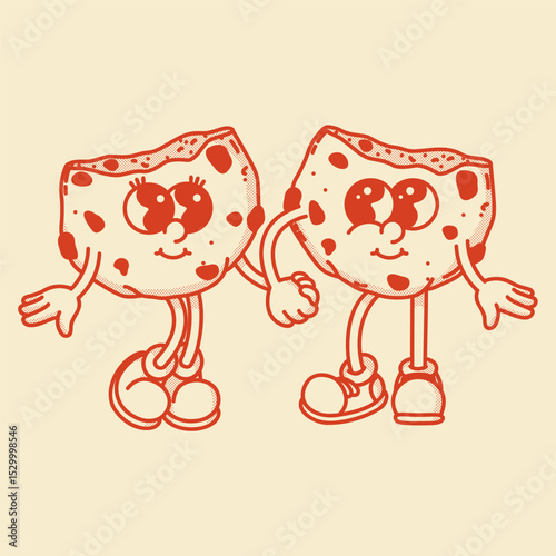 Retro cookie couple holding handsand looking at each other lovingly mascot character. Bakery menu symbol