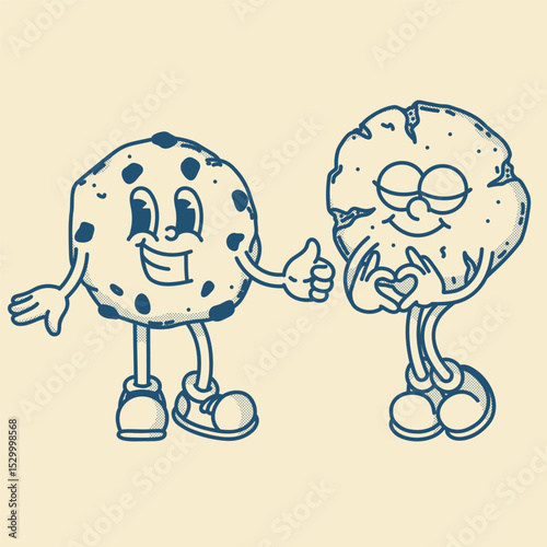 Happy retro mascot cookie character, smiling, love gesture and thumb up. Menu, homemade bakery symbol