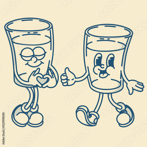 Two cheerful cartoon glass of water or other drink mascot in shoes smiling. Bar menu, healthy life symbol. Finger up
