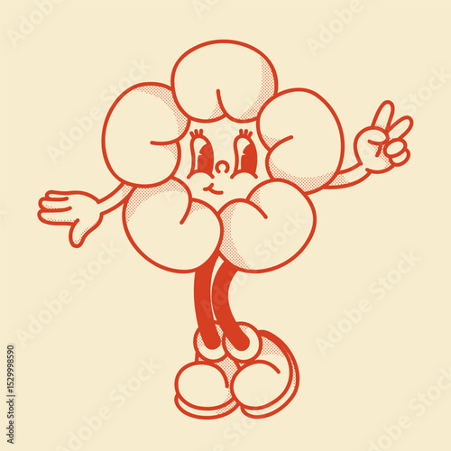 Cheerful flower character retro mascot with smiling face, shoes and fingers in victory sign. Cute spring or summer symbol