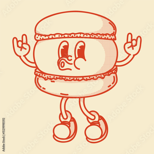 Happy retro mascot french sweet macaroon character, smiling, rock gesture. Menu, homemade bakery symbol