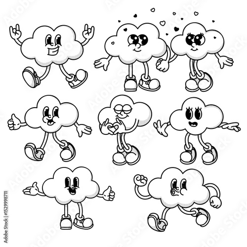 Cheerful cloud character retro mascot with smiling face, shoes, hands in rock gesture. Cute weather symbol