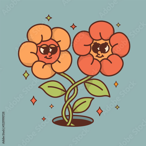 Retro mascot flower couple in love