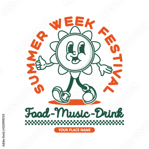Retro sryle summer festival flyer template with smiling sun mascot thumbs up